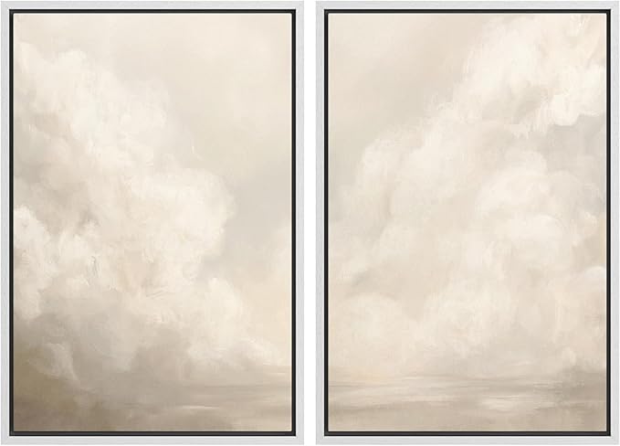 MUDECOR Framed Canvas Print Wall Art Neutral Cloudscape Soft Abstract Sky Illustrations Modern Art Decorative Bohemian Colorful Chic for Living Room, Bedroom, Office - 24"x36"x2 White
