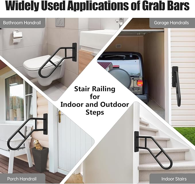Handrails for Outdoor Steps, Stair Railing Indoor 1-3 Step, Hand Rails for Elderly, Porch Railing & Deck Hand Rail Wall Mount Stair Hand Grab Bars, 2 Pack U-Shape Safety Handle for Garage, Porch