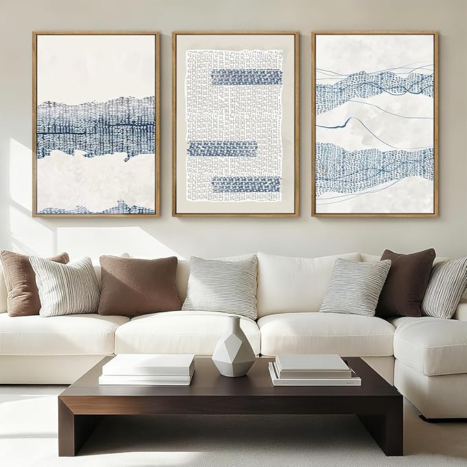 IARTTOP Large Blue Abstract Canvas Wall Art Framed 24x36 Inch Neutral Minimalist Modern Wall Art Mid Century Boho Artwork for Living Room Bedroom Office Set of 3