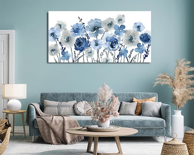 VEAEE Flowers Canvas Wall Art - Indigo Floral Canvas Pictures Living Room Wall Decor Botanical Canvas Prints Painting Abstract Artwork Bedroom Office Home Decor 29"x 58"