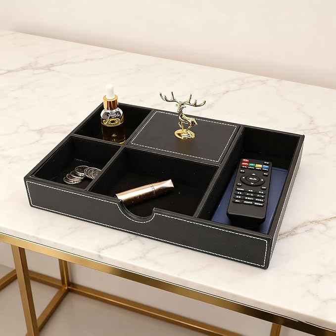 Jewelry Trays Nightstand Organizer, Valet Tray for Men and Women, Tray Organizer, Dressing table Storage box, Dark Brown Faux Leather, 5 Compartment