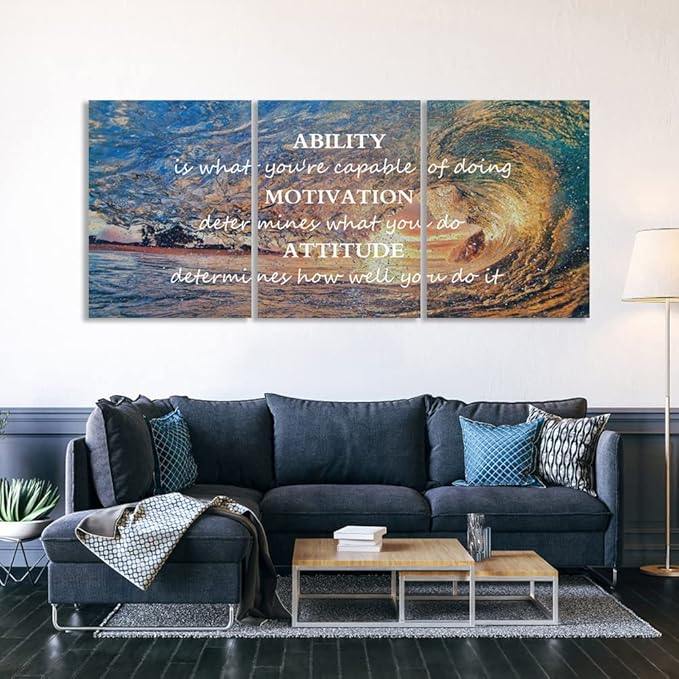 Unbruvo Motivational Wall Art for Office, 3 Pieces Canvas Painting with Inspirational Quotes, Ability Motivation Attitude Prints for Living Room Bedroom Study Room Decor (48" W x 24" H)