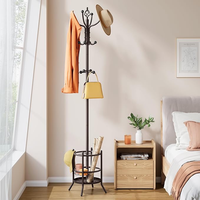 Tajsoon Coat Rack Stand with Umbrella Holder, Coat Tree Freestanding with 16 Hooks, Coat Hangers Stand for Living Room, Bedroom, Office, Brown