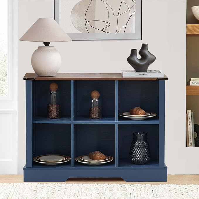 6 Cube Bookcase, Wooden Cube Storage Organizer Shelf, Blue Horizontal Book Shelf with LED Lights, Freestanding Display Cabinet for Living Room, Hallway TV Stand for Entryway