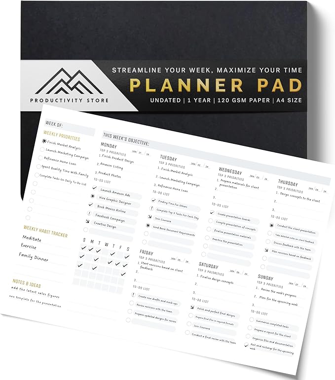 Productivity Store - Weekly Desk Planner Pad, 12-Month Productivity Planner, Tear-Out Deskpad for To-Do List, Productivity Tools for Time Management and Mindfulness, A4 Size, Black