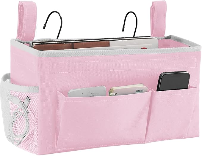YOUDENOVA Bedside Caddy with 5 Pocket, Bedside Storage Organizer for College, Dorm Bed, Bunk Bed, Pink