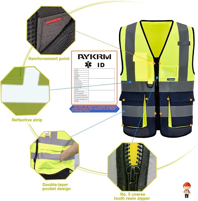 Yellow Navy High Visibility reflective Safety Vest with 4 Reflective Strips 7 Pockets 4xl-5xl