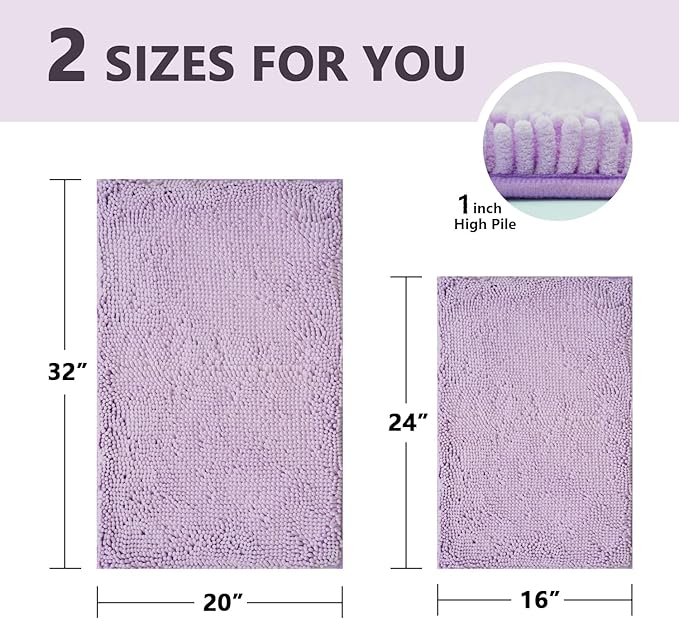 BOANKODU Bathroom Rugs Sets 2 Piece, Extra Soft Chenille Bath Mat Absorbent Bathroom Rug, Bathroom Mat with Sturdy PVC Non-Slip Bottom, Machine Washable Bath Rugs (Lavender)