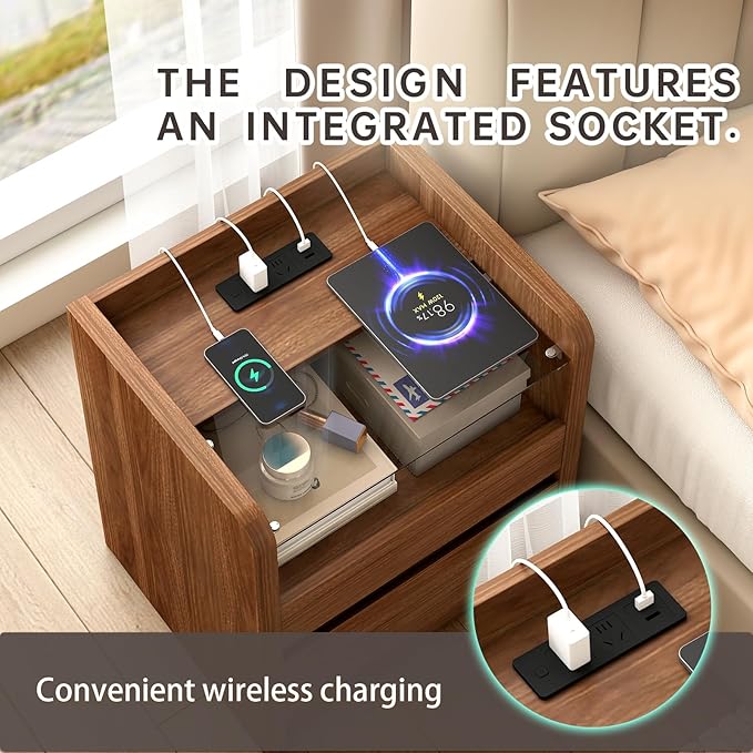 Walnut Nightstand Set of 2 with Charging Station, 20 Inch Wide Night Stand with Drawers, Modern Bedroom Bedside End Table with Round Corners & Reinforced Panel for Dorm, Sofa, Office, Living Room