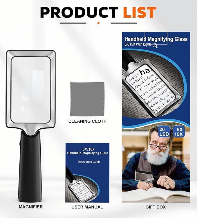 Magnifying Glass with Light - Lighted Magnifier with 20 LED, Large Handheld Magnifying Glasses Illuminated Rectangle Magnifier for Seniors Reading Low Vision Close Work Inspection (Black)