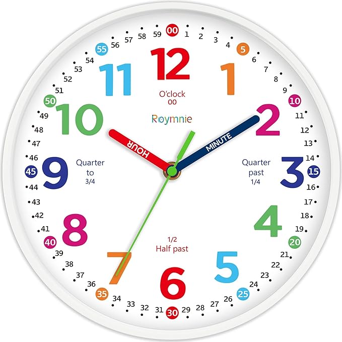 Roymnie14 Inch Wall Clock for Kids Learning to Tell Time Large Analog Silent Battery Operated Teaching Clock Silent Colorful Teaching Time Ideal Gift for Kids Room School(White Grain)