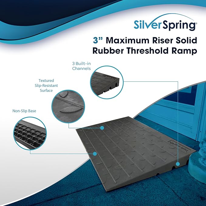 Silver Spring 3" High Rubber 3-Channel Threshold Ramp 600 lb. Weight Capacity for Wheelchairs, Mobility Scooters, and Power Chairs, with Slip-Resistant Surface - DH-UP-83