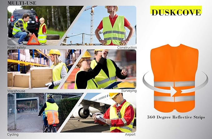 DUSKCOVE 10 Pack High Visibility Safety Vests with 2 Hi Vis Reflective Strips for Men and Women - Neon Orange Construction Vests for Traffic Work, Running, Surveyor and Security Guard