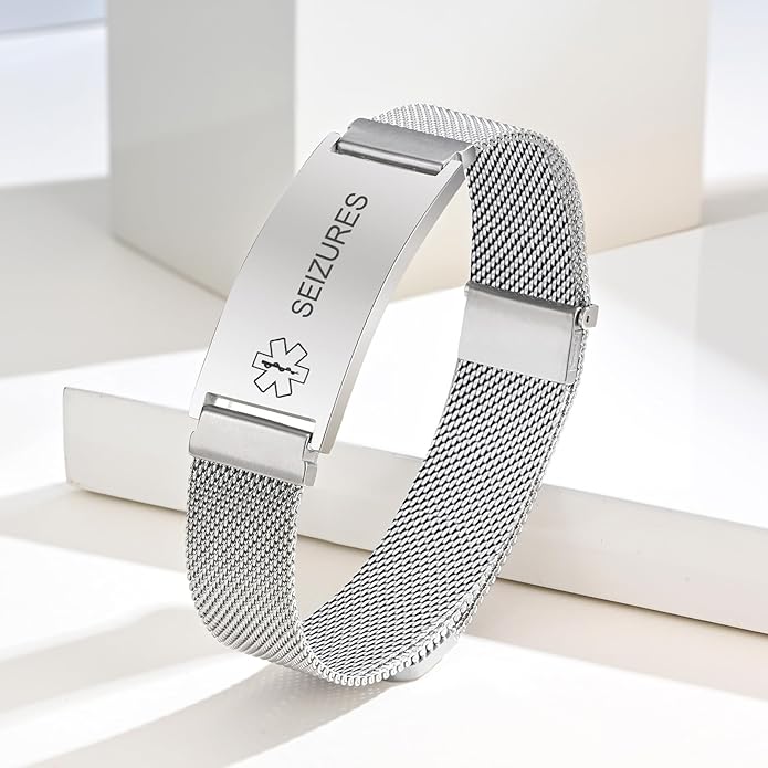 VNOX Medical Alert Id Bracelet for Men Women, Custom Engraving Adjustable Stainless Steel Customizable Mesh Emergency Survival Medic Bracelets Wristband Loop Band with Replacement Tag