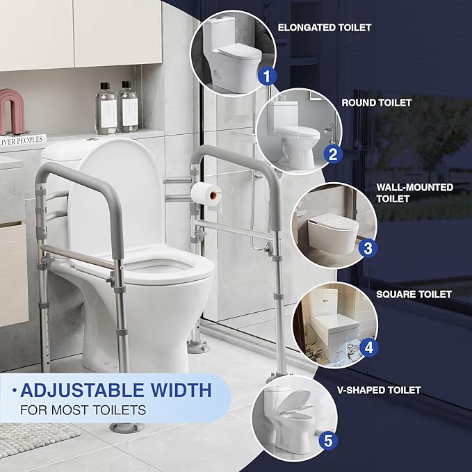 Foldable Toilet Safety Rails for Seniors - Adjustable Toilet Safety Frame & Toilet Handles for Elderly & Disabled, Fits Most Toilets, 350lb Capacity, Gray