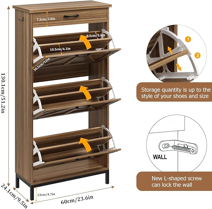 Shoe Cabinet Storage for Entryway with 3 Flip Drawers and 1 Top Drawer, Freestanding Hidden Narrow Shoe Cabinet with Metal Legs for Foyer, Hallway (Brown)