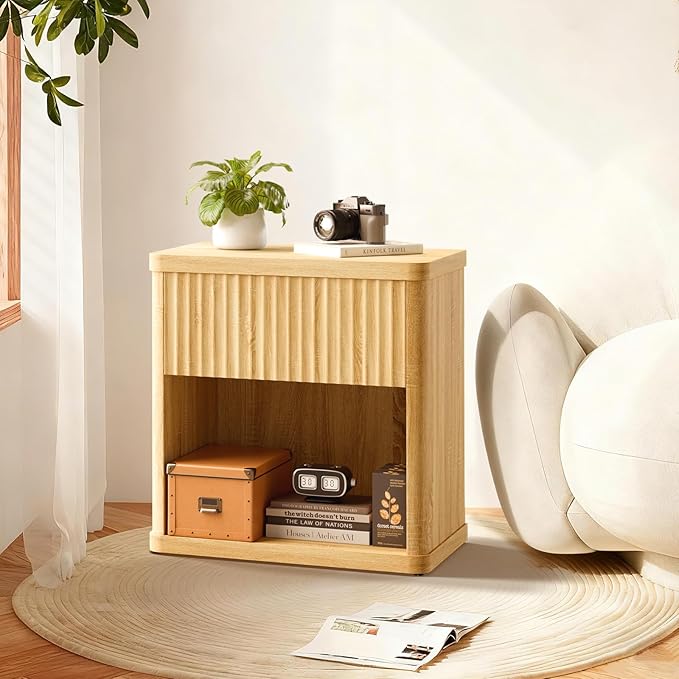 Fluted Night Stand Set 2, Large Wood Bedside Table Set of 2 Nightstands Set of 2 with Drawer and Storage Shelf for Bedroom, Small Spaces