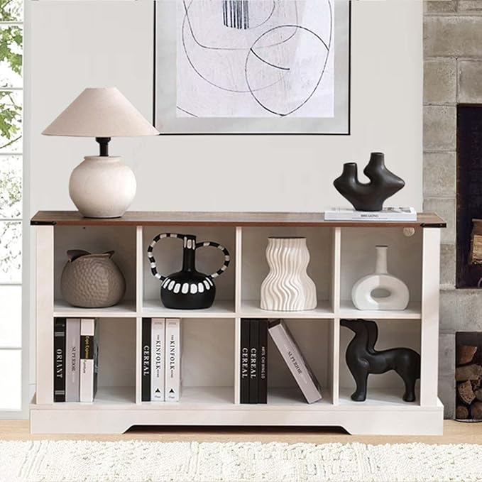 8 Cube Bookcase, Wooden Cube Storage Organizer Shelf, White Horizontal Book Shelf with LED Lights, Freestanding Display Cabinet for Living Room, Hallway TV Stand for Entryway