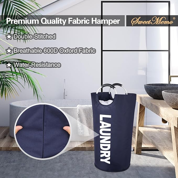 Large Laundry Basket Collapsible，Freestanding Clothes Hamper Bag with Handles – Tall Folding Dirty Laundry Bin，Sturdy Laundry Sorter for College Dorm，Laundry Room – 95L (Navy Blue)