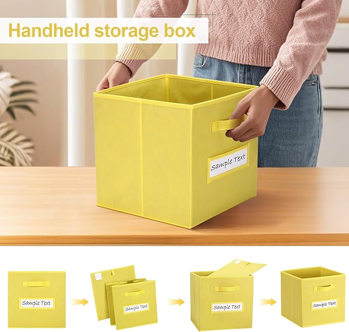 artsdi Fabric storage cubes (8 Pack) 11 Inch Cube Storage Bin, cube organizer bins with 8 Labels Window Cards & a Pen, Foldable cube organizer bins and Storage Box, Dark Yellow