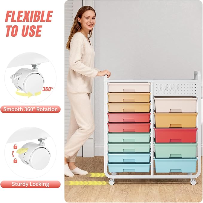 Rolling Storage Cart with 14 Drawers, Storage Organizer Cart with Tabletop and Pegboard,Utility Cart for Living Room, Classroom, Bedroom,Bathroom,Dorm,Office (Rainbow)