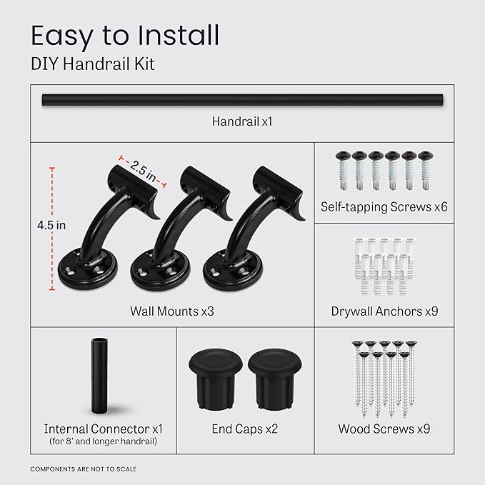 Meranti Aluminum Handrail for Indoor or Outdoor Steps and Stairs – Hand Rails for Elderly – DIY Complete Stair Railing Kit (AHR, Black, 9' Length)