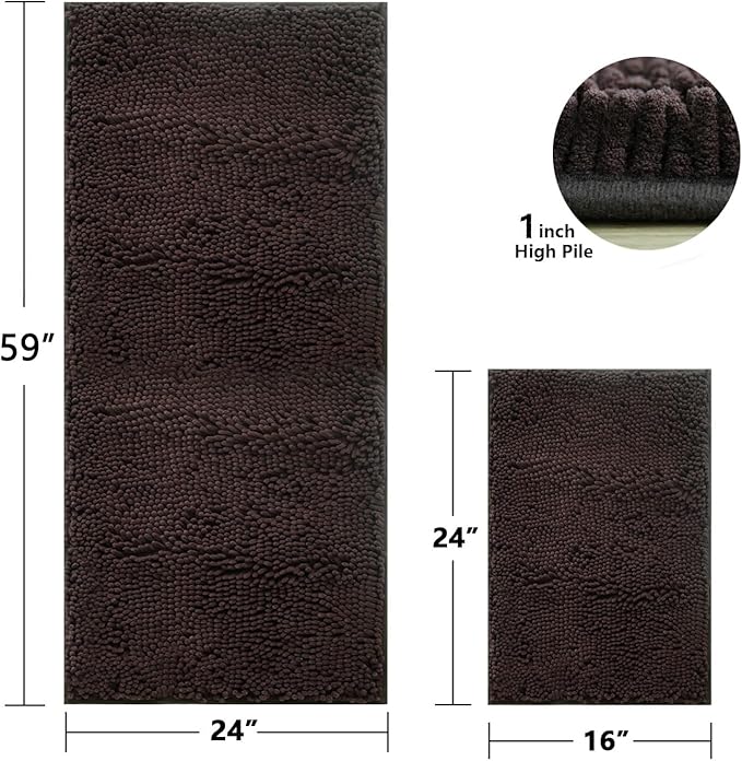BOANKODU Bathroom RugsSets 2 Piece，59X24+16X24Inch，Absorbent Non-Slip Very Soft Chenille Mat,Machine Washable （Coffee）