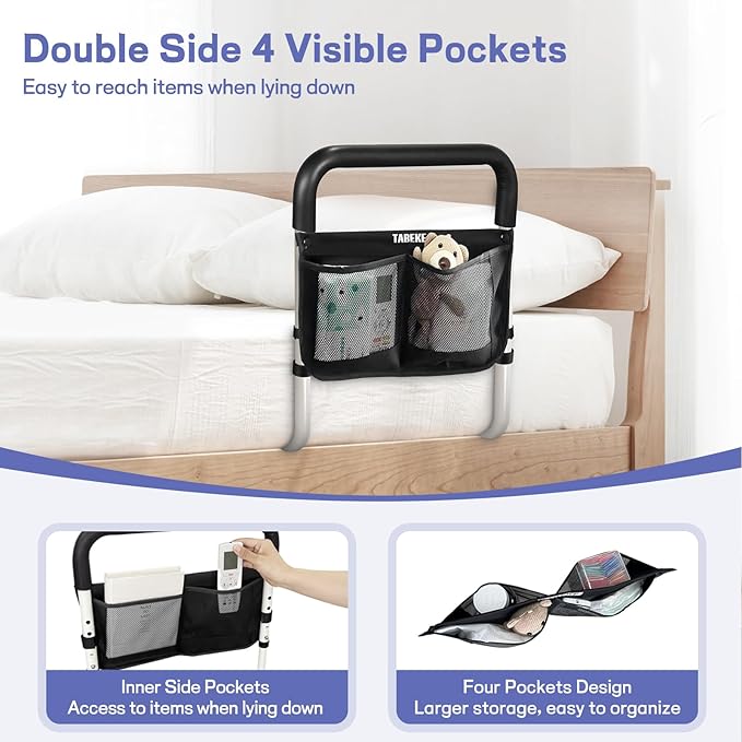 TABEKE Bed Rails for Elderly Adults, Adjustable Bed Assist Rails for Seniors, Portable Bed Support Bar Mobility Assistant with Foam Handle & Double Side Storage Bag Fits King, Queen, Full, Twin Bed