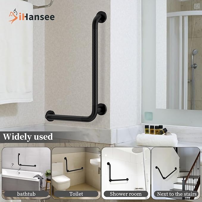 Matte Black Angled Grab Bar 16x24 Inch, iHansee Bathroom Safety Bar w/Anti-Slip Knurled Grip, Wall Mount L Shaped Shower Handle for Elderly Senior Handicap, Toilet Bathtub Balance Support Handrail