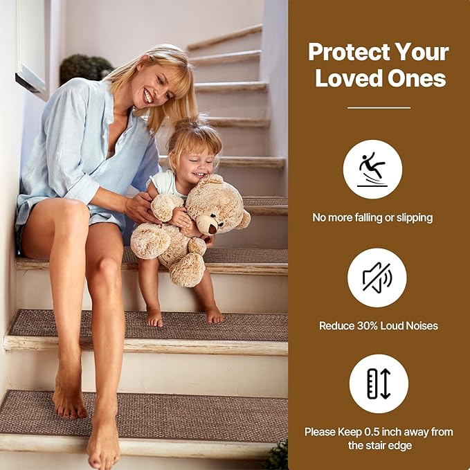 Non Slip Stair Treads for Wooden Stairs Indoor,8" x 30" Staircase Step Treads,100% Linen,Reusable Adhesive,for Kids,Seniors& Dogs(Brown,15 pcs)