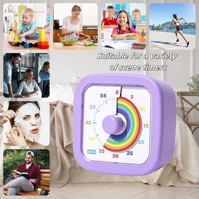 Kids Visual Timer Cute Rainbow - 60 Minute Countdown Timer Time Management for Kids and Adults, Timer for Cooking Classroom Meeting (Purple)