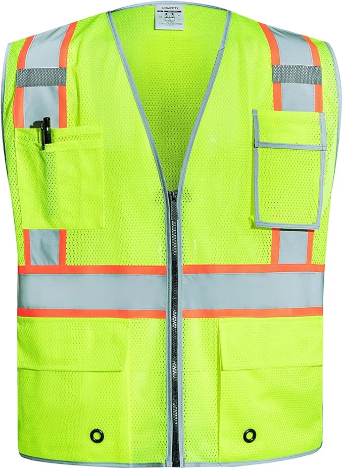 SKSAFETY 10 Pockets Safety Vest, Class 2 High Visibility Security with Zipper Double-sided mesh, Hi Vis Vest with Reflective Strips, ANSI/ISEA Standard, Construction Work Vest （Lime, 2XL）