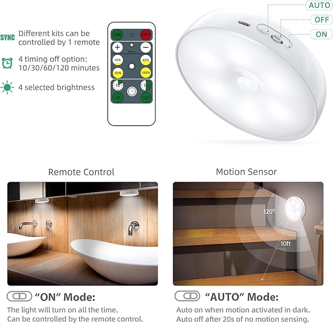 LED Closet Motion Sensor Step Lights, USB Rechargeable Battery Operated Puck Lights, Dimmable Under Cabinet Lighting for Counter,Kitchen,Stairs(3 Pack)