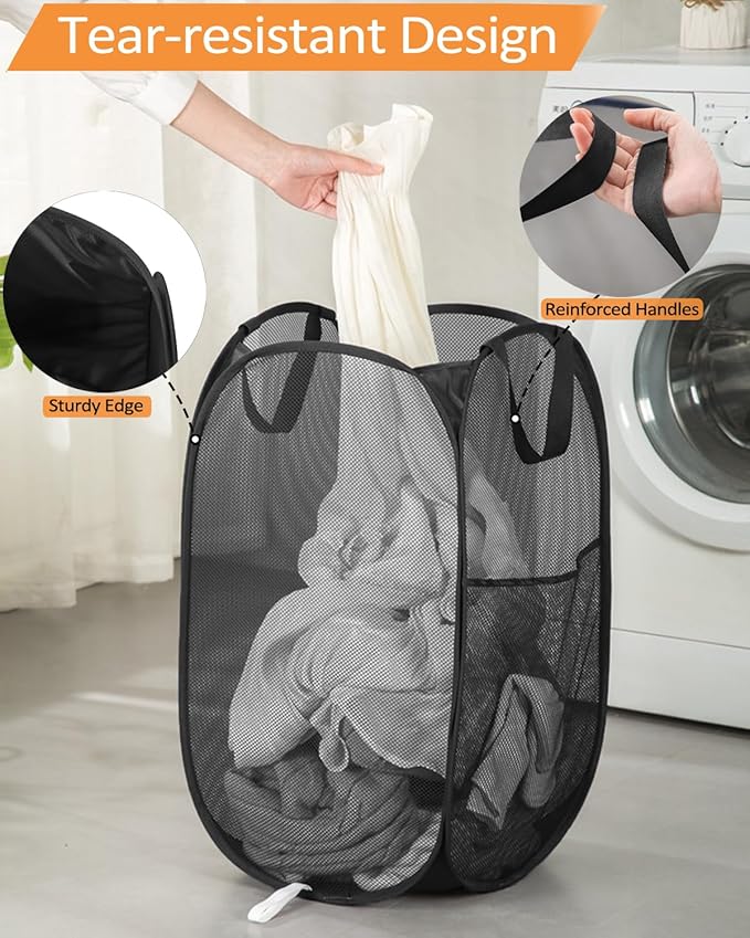 Durable Collapsible Laundry Baskets - Reinforced Mesh Pop Up Laundry Hamper with Pocket, Foldable Dirty Clothes Hamper with Carry Handles for Laundry, Bathroom, Kids Room, Dorm or Travel Pink+Black