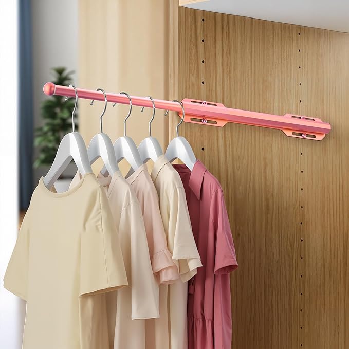 12" Valet Rod for Closet Pull Out, Adjustable extending closet rod, Standard Retractable closet rod organization rack, Valet Clothing Hanger Rods Extender for Wardrobe Laundry Bathroom (Pink)