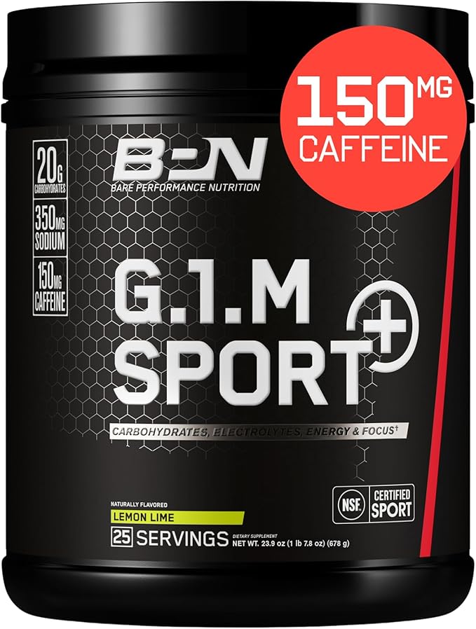 BARE PERFORMANCE NUTRITION G.1.M Sport+ Endurance Pre-Workout – Lemon Lime | 25 Servings | 20g Carbs, 350mg Sodium, 150mg Caffeine | Electrolytes, Nootropics & Cluster Dextrin® for Energy & Focus