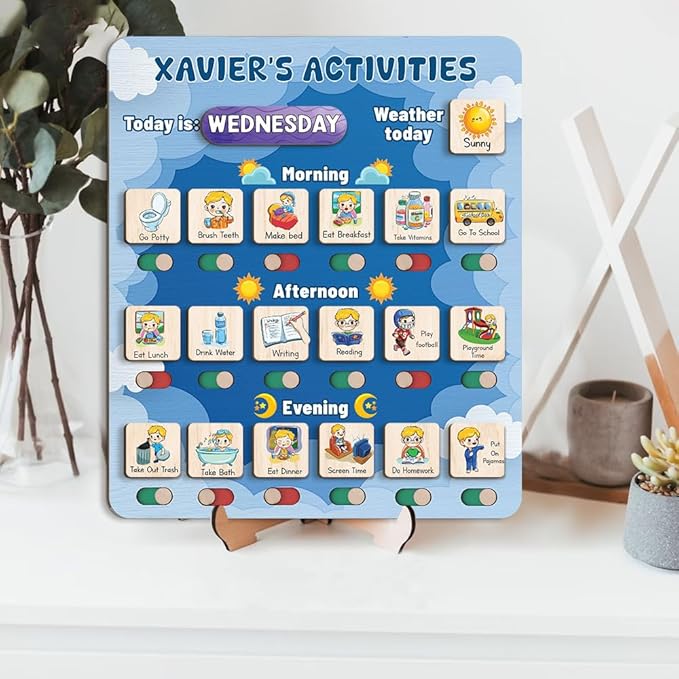 Wooden Chore Chart for Kids Visual Schedule, Routine Chart for Kids, Morning Bedtime Routine Chart for Toddlers Ages 2-4, Daily Kids Schedule Board for Home (15)