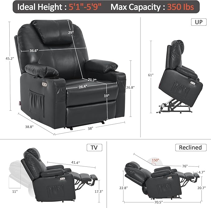 MCombo Extra Wide Power Lift Recliner Chair for Elderly, Lift Chair with Heat and Massage for Big People, USB&Type C Ports, Cup Holders, Faux Leather R7045 (Black, Medium-Wide)