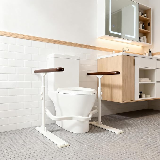 Toilet Safety Rails for Seniors - Toilet Safety Frame with Nighttime Reflective Armrests & Base, 3-Speed Height Adjustment, Toilet Safety Frames & Rails Fits Most Toilets, 3-Hole Depth Adjustment