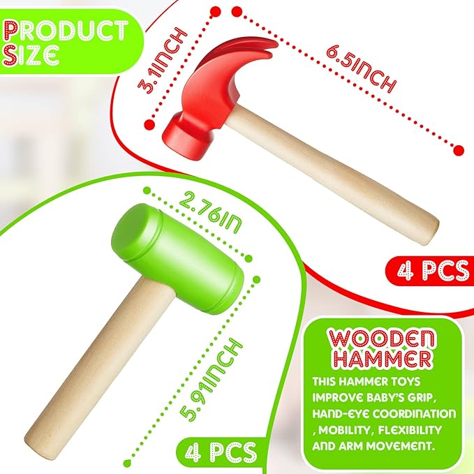 Deekin Toy Hammer Simulation Small Wooden Plastic Maintenance Tools Hammers Educational Toys Party Gift for Teens Girls Boys School Birthday Games Party Supplies(8 Pcs,2 Style Toy Hammer)