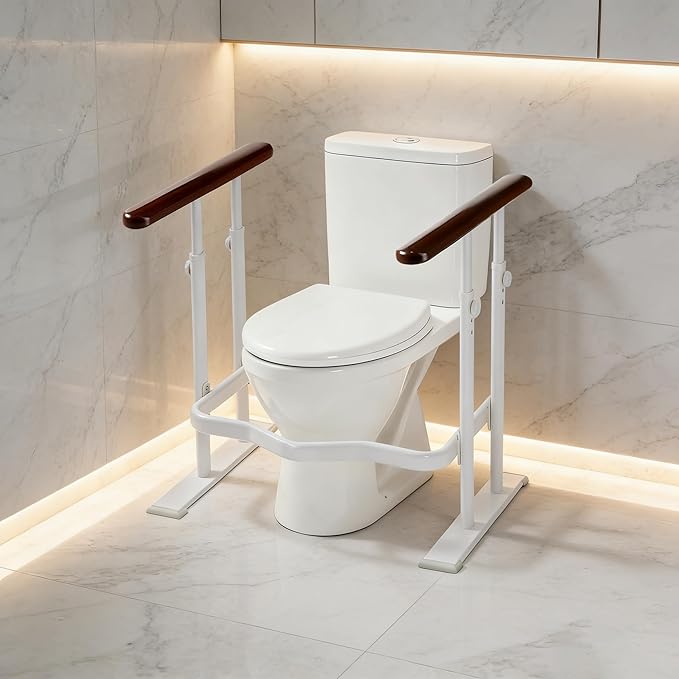 Toilet Safety Rails for Seniors - Toilet Safety Frame with Dual Pillars, Waterproof Nighttime Reflective Base, 3-Speed Height Adjustment (Brown, Double Pillar)