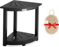 Acacia Wood Corner Shower Stool - Waterproof Triangular Bathroom Bench with Storage Shelf & Soap Dish for Shaving, Black Wood (17.9x12.7x16.5)