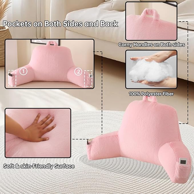 Reading Pillow for Sitting in Bed, Large Backrest Reading Pillow with Arm Rest,Back-Rest Support Cushion for Sit Up on Couch, Sofa, and Floor, Dorm Essentials (Pink Faux Fur, Large(19"))