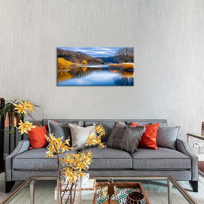 Beautiful Yellow Forest Park Wall Art for Living Room Office Calm Lake Blue Painting Prints Nature Autumn Canvas Artwork Over The Couch Bedroom Decor