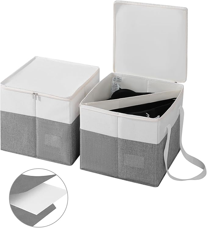 2-Pack Rigid Clothes Hanger Organizer Bag with Dust-Proof Lid, Hanger Storage Holder with Support Boards, Large Capacity Clothes Storage Containers with Handle for Closet Laundry Rooms