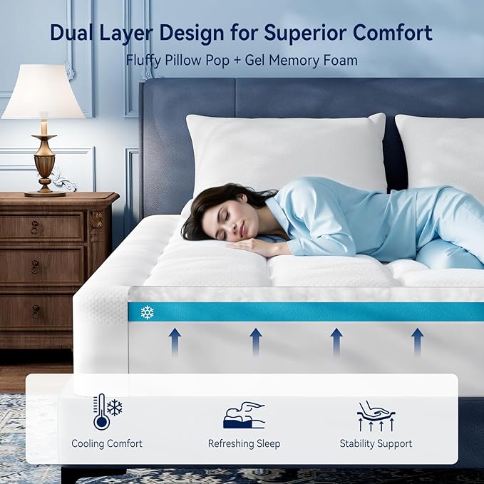 ELEMUSE 3 Inch Cooling Memory Foam Mattress Topper Super Olympic Queen, 2 Inch Pressure-Relief Memory Foam and 1 Inch Thick Soft Viscose Made from Bamboo Pillow Top for Hot Sleepers, Washable