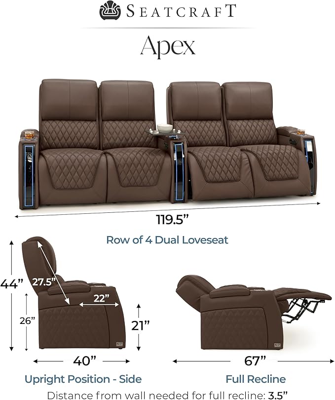 Seatcraft Apex Zero-Gravity CoolZero Italian Leather Home Theater Seating, Powered Headrest, Powered Lumbar, Powered Recline, Row of 4 Dual Loveseats, Brown