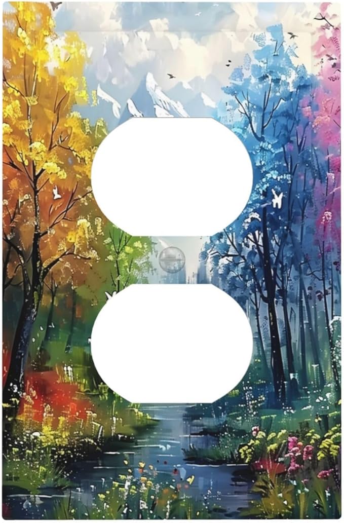 Colorful Forest Snow Mountain River Oil Painting Style Outlet Covers 1 Gang Duplex Light Switch Cover Decorative Switch Plates Electrical Receptacle Faceplate Wall Plate for Bedroom Living Room Decor