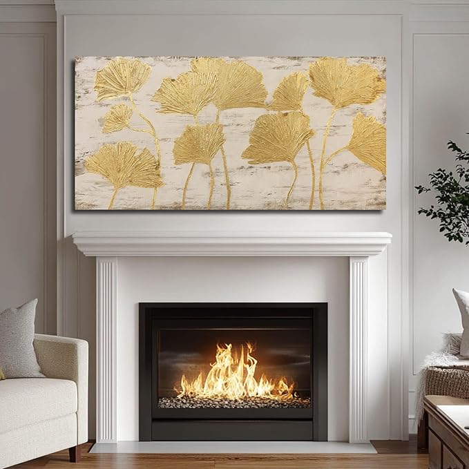 Gold Wall Decor Leaf Wall Art Large Photo Pictures Canvas Wall Decorations for Living Room Artwork for Girls Room 24"x48"