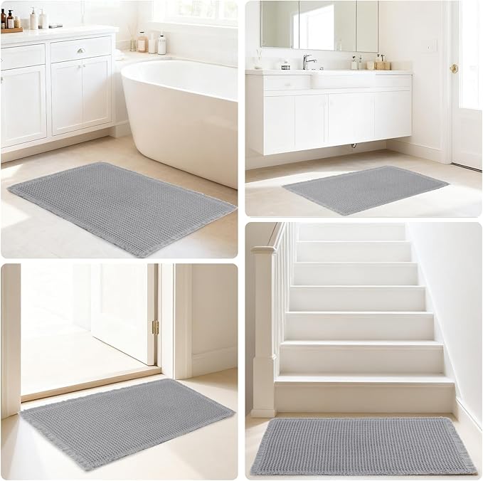 Hiasan Waffle Bath Mat, Super Absorbent Non Slip Bathroom Boho Rug with Tassels, Machine Washable Bath Mats for Bathroom, Ultra Soft Rubber Backed Rug, Grey, 24 x 60 Inches